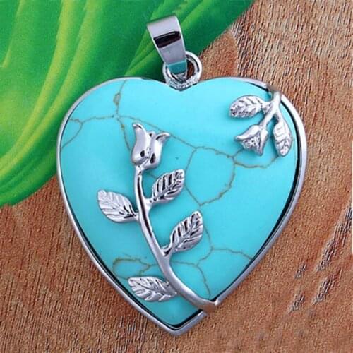 Trendy-beads Silver Plated Green Turquoises Stone Love Heart Inlay Flower Pendant Valentines Day Jewelry