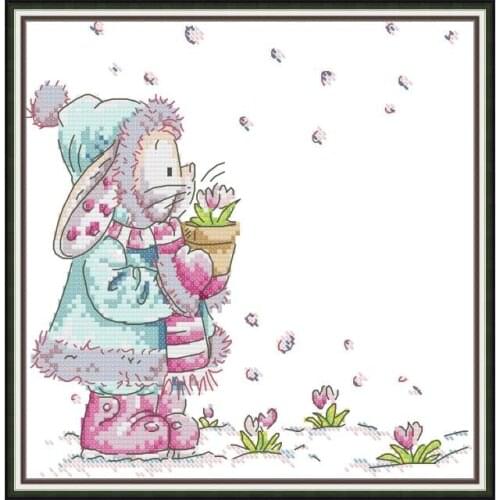 Bunny and flowers cross stitch kit aida 14ct 11ct count print canvas cross stitches needlework embroidery DIY handmade