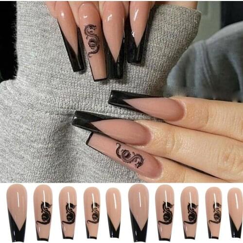 24pcs/Box Long Coffin False Nails with Dragon Pattern Design Ballerina Manicure Patches Press On Nails Full Cover Nail Tips