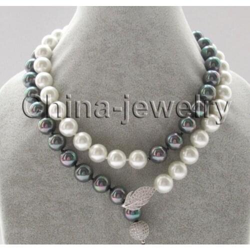 Jewelry A 32" 12mm bright black + white perfect round south sea shell pearl necklace