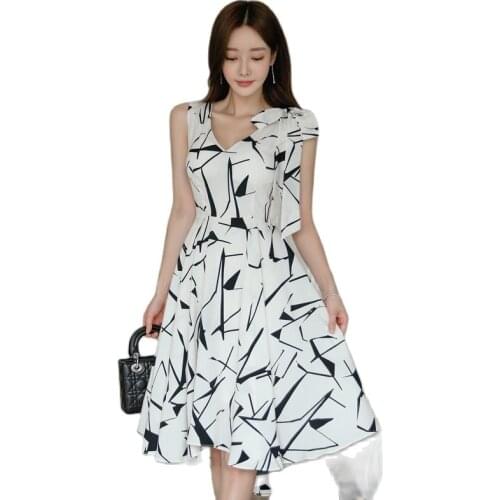 Elegant print A line Dress one piece korean ladies Sexy SUmmer Sleeveless loose floral cabaret party Dresses for women