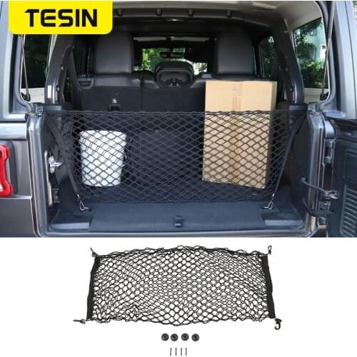 TESIN Car Mesh Cargo Net Holder Trunk Auto Elastic Storage 4 Hooks Car Trunk Organizer Styling For Jeep wrangler JL JK 2007-2017