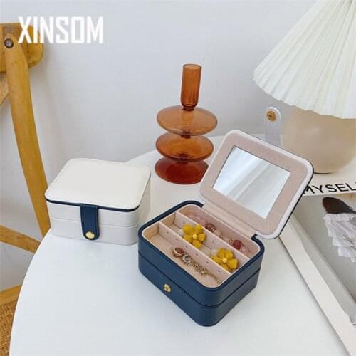 XINSOM Portable Mini Jewelry Box Casket Double Layers High Capacity Jewelry Storage Box With Mirror Small Travel Case Girls Gift