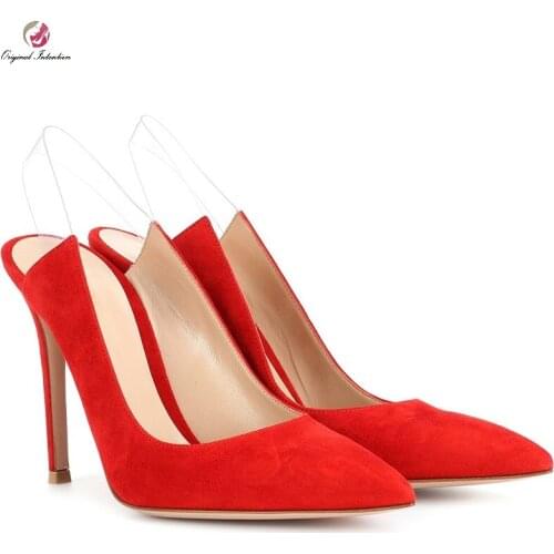 Women Slingbacks High Heels Pumps Summer Flock Pointed Toe Shallow Thin Heels Pumps Party Wedding Ladies Shoes Plus Size 35-45