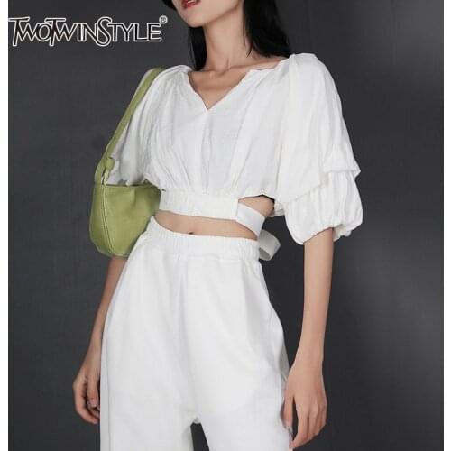 TWOTWINSTYLE Vintage White Lace Up Gathered Waist Shirts Women Korean Fashion Short Slim Solid Womens Summer Blouses 2021 Style