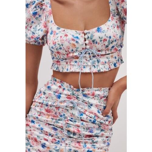 2021 Summer Womens Two Pieces Sets Floral Printing Pleated Slim Bandage Dress Sets Boho Holiday Ruffled Sheath Short Suits