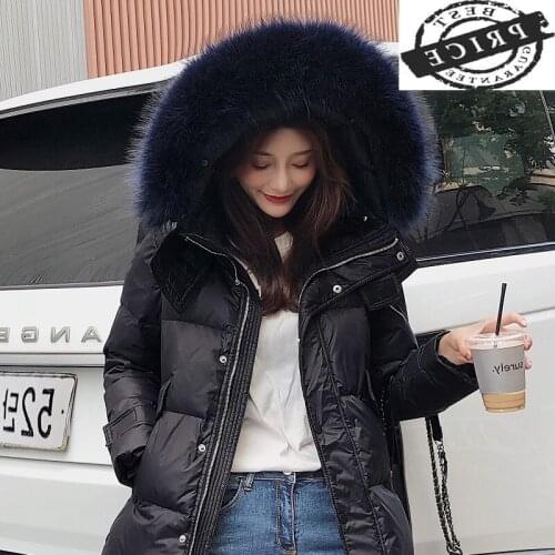 Womens Down Winter Jacket Mid Long Down Coat Female Large Fur Thick Duck Down Warm Clothes Hooded Jacket 2021 Hiver 12210