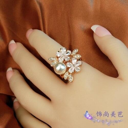 CHRAN New Clear Zircon Pearl Cocktail Ring Personality Hipster Flower Index Finger Bridal Sets Luxury Crystal Rings For Women