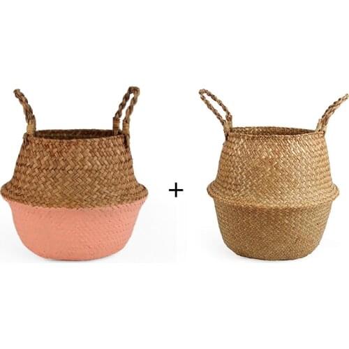 2 Pcs/set Storage Basket Decorated with Seaweed Belly Grass Flower Pot Dirty Clothes Laundry Basket Wicker Basket