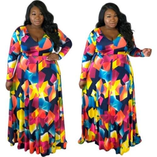 2020 spring sexy fashion women v-neck long sleeve plus size long dress XL-5XL