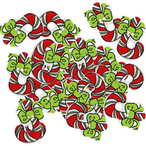 Phenovo 50pcs Printed Christmas Candy Cane Shape Wooden Buttons for Craft Xmas Decoration