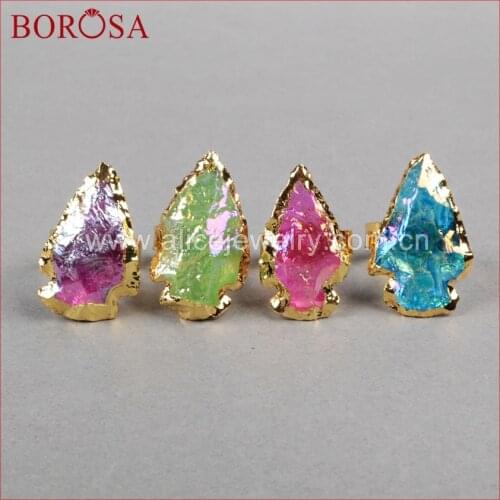 BOROSA Arrowhead Shape Gold Color Rainbow Titanium Quartz Ring Druzy Quartz Stone Adjustable Ring for Women G0826