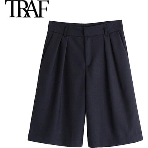 TRAF Women Chic Fashion Office Wear Straight Knee Length Pants Vintage High Waist Side Pockets Female Pants Pantalones