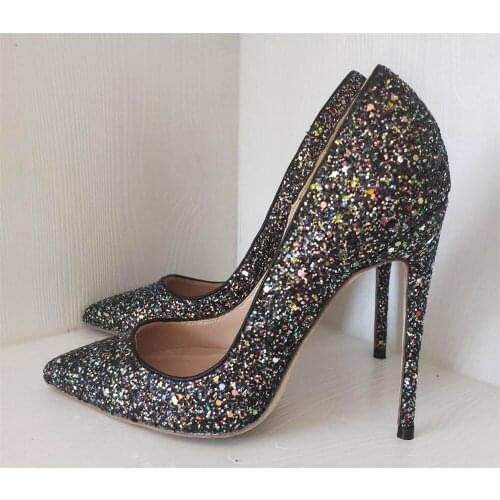Black Glitter Pumps wedding shoes 12 cm high heel pumps sexy stiletto heels shallow party shoes women 34-45 LF005 CHENSIR9