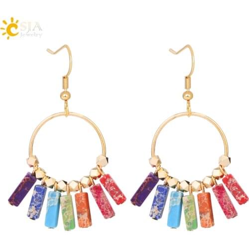 CSJA New Rectangle Circle Dangle Earrings Gold Color 7 Colors Stone Statement Drop Earring for Women Fashion Charms Jewelry F922