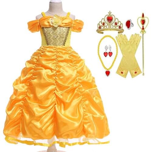 Belle Costume Girls Beauty and the Beast Princess party Dress up Children Shoulderless Layered Ball Gown for Halloween