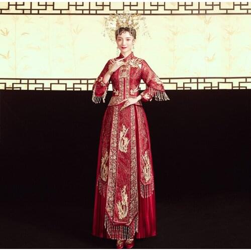 FZSLCYIYI Chinese Bride Wedding Dress Exquisite Embroidery Applique Beaded Tassel Cheongsam Elegant Marriage Qipao Set Gowns