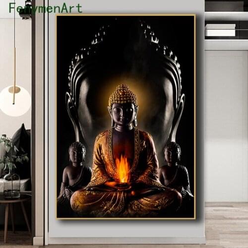 Golden Buddha Statue Sculpture Canvas Painting God Buddha Poster Print Buddhism Wall Art Picture Home Living Room Decoration