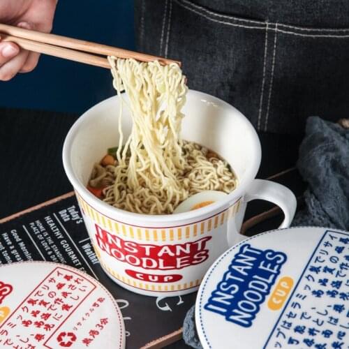 Creative large ceramic bowls with cover big bowl cereal bowl noodle bowl student dormitory bowl