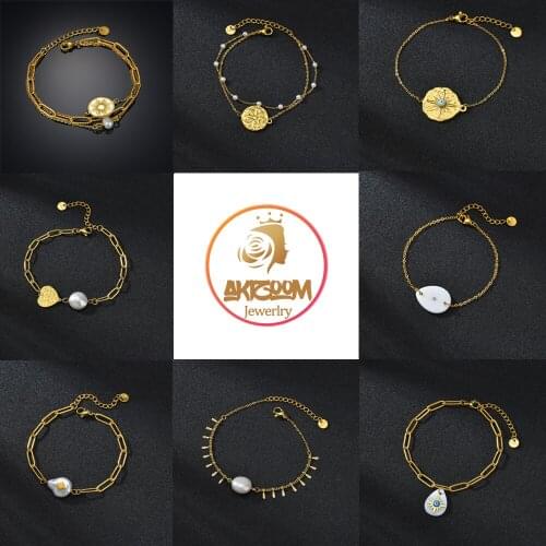 Akizoom Multilayers Pearl Bracelets Stainless Steel Pearl Eight Pointed Fashion Bangles Vintage Jewelry for Women Jewelry Gift