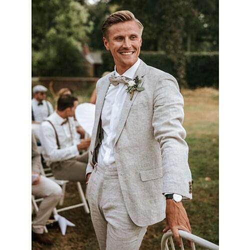 ANNIEBRITNEY Beige 2 Piece Men Slim Fit Business Linen Summer Suit 2020 Summer Groom Wedding Tuxedo Tailor Made Casual Men Suit