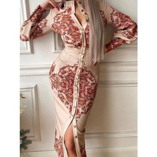 Women Retro Printed Shirt Dress Long Sleeve Buttons Cardigan Midi Dresses Elegant Lady Classy Fashion Clothes Party Streetwear