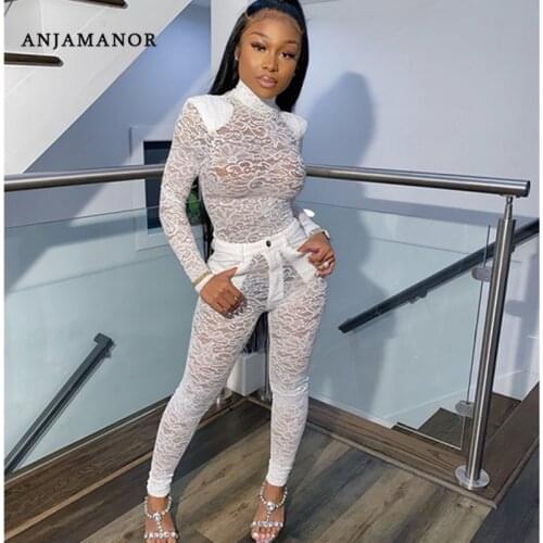 ANJAMANOR See Through Lace Sexy Club Two Piece Set Top and Pants New Products 2020 Party Bodycon 2pcs Sets Womens Outfits D37AF5