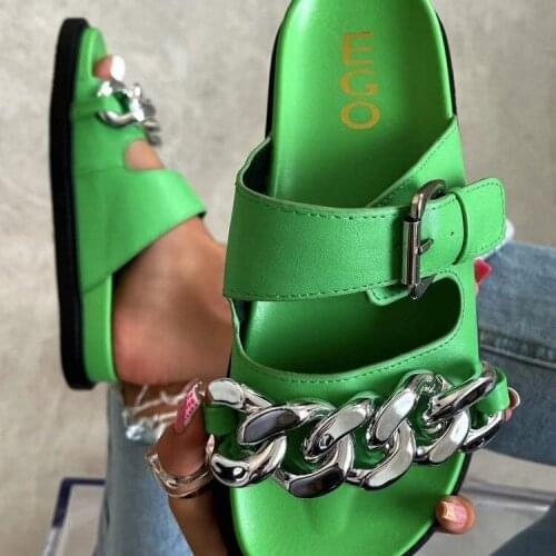 Silver Chain Sandals Platform Slides Women Summer Flat Thick Sole Casual Slippers Comfort Real Leather Beach Shoes Mules