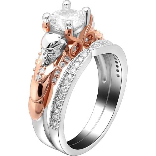 Seanlov New Created 2PCS Skull Ring Sets For Women Men Punk Style Jewelry Luxury White Round Cubic Zirconia Rose Gold Ring Sets