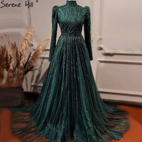 Serene Hill Muslim Green A-Line Evening Dresses Gowns 2021 Luxury Beaded For Women Wedding Party LA71267