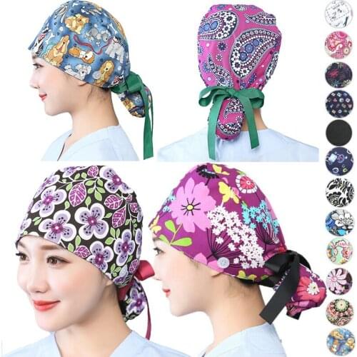 Printed Scrub Hats Bandage Working Caps Women Cotton Buttons Elastic Adjustable Hats Beauty Salon Pet Grooming Work Caps