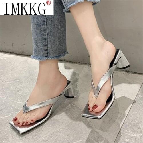 2020 New Women Slippers Slides Square Toe Med Heel Sandal Shoes Ladies Summer Outdoor Beach Flip Flops Slides Shoes