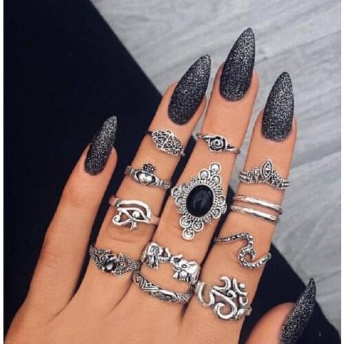 UODCM 13pcs/set Vintage Antique Lotus Elephant Carving Knukle Midi Ring Set for Women Black Rhinestone Geometric Rings Set 7009