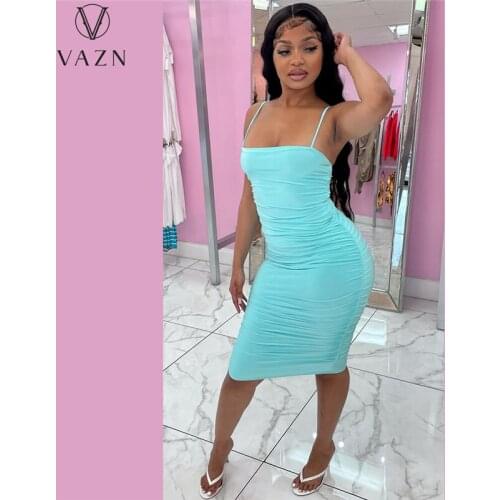 VAZN 2021 Top Quality Spaghetti Strap Sleeveless Long Dress Solid Fresh Joker Sexy Young Daily High Waist Women Thin Midi Dress