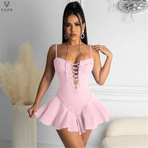 VAZN 2021 Tulle Banquet Party Sweet Pleated Dress Women Elegant Fashion Mini Dress Slim Dress Club Birthday Shinny Dress