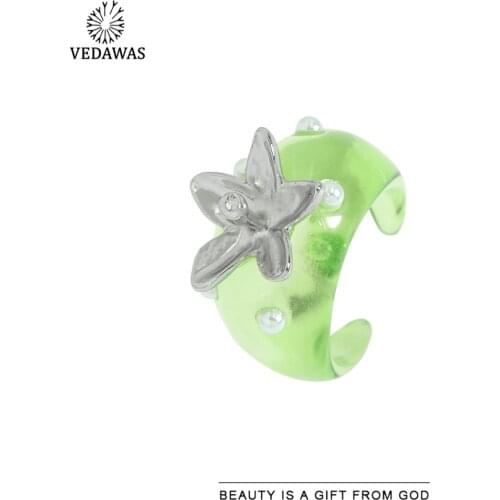 Vedawas Cute Acrylic Resin Flower Transparent Ring for Women Boho Pearls Pineapple Fruit Finger Engagement Rings Jewelry Gifts