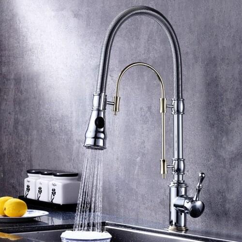Kitchen Sink Faucet Solid Brass Pull Down Spring Spray Nozzle Hot & Cold Single Handle Chrome Top Quality Kitchen Sink Mixer Tap
