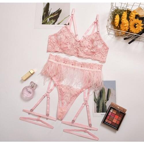 High-end quality 2021 new hot style lingerie complex craft lace feather embroidery underwear cross three-piece female bra set