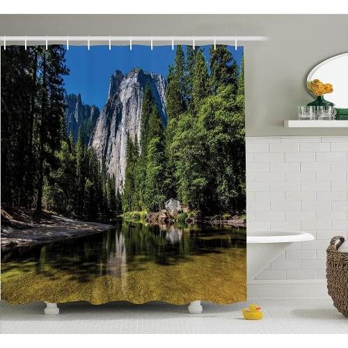 Apartment Shower Curtain Large Granite Cliff Surrounded by Trees and River Under Clear Sky Wild Beauty Scenery Bath Curtains