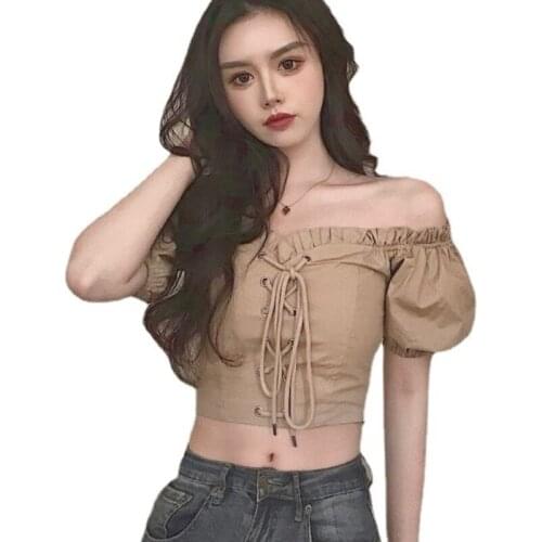 Women Top Sexy Blouse Off Shoulder Top Long Sleeve Club Party White Shirt Puff Sleeve Ruffle Tunic Crop Top Summer Tube Top