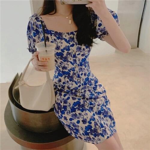 Summer Sweet Floral Print Dress Women Elegant Sexy Cute Fairy Dress Gentle Slim Puff Sleeve Dye Spring Beach Korean Dress 2021