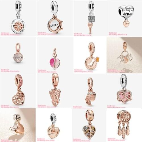 925 Sterling Silver Beads Rose Gold Leaf Tree of Love Pave Padlock and Key Queen & Regal Crown Club 2020 Compass Pendant Charm