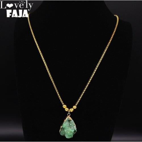 2021 Fashion Green Crystal Stainless Steel Necklace for Women Gold Color Bead Long Statement Necklace Jewelry colgante N20167