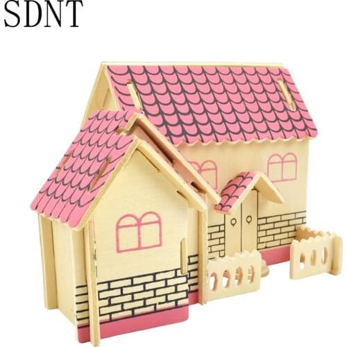 3D Puzzles Building Pink House Wooden Toys for Kids DIY House Model Add Color Graffiti iq Game Hobby Educational Children Toys