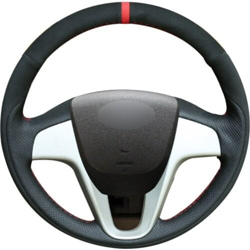 Black Natural Leather Black Suede Steering Wheel Cover for Hyundai Solaris (RU) 2010-2016 Verna 2010-2016 i20 2009-2015 Accent
