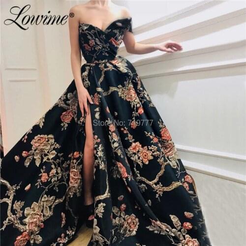 Black Floral Print Long Dresses Evening Formal Dress 2019 One Shoulder With High Split Side Sexy Prom Dresses Arabic Party Gowns