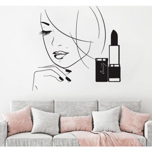 Beauty Salon Decor Beautiful Woman Makeup Vinyl Wall Sticker Cosmetics Lipstick Wall Decal Beauty Shop Vinyl Wall Mural AY1263