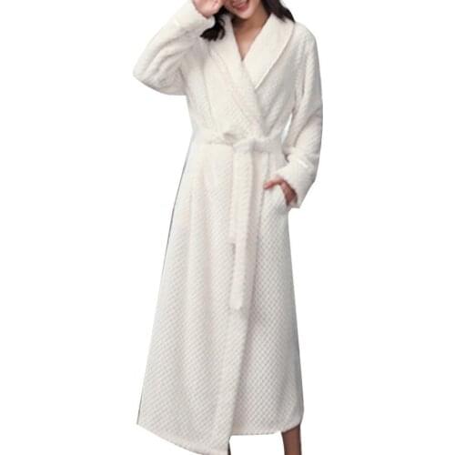 Winter Fashion Women Bathrobes Solid Color Thicken Plush Long Sleeve Thermal Bathrobe Sleepwear Grid Warm Dressing Gown Robes