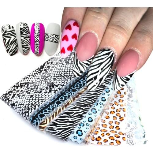 10pcs Transfer Nail Foils Paper Animal Zebra Leopard Skin Sliders Adhesive Stickers Holo Nails Art Decal Accessories LACQ917