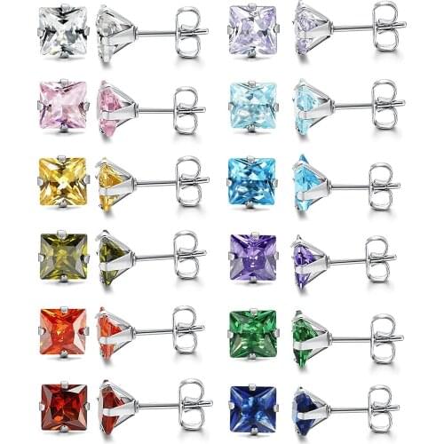 BONISKISS 12 Pairs of Square Cubic Zirconia Stud Earrings Set Stainless Steel Ear Piercing Studs For Women Teens Girls Jewelry